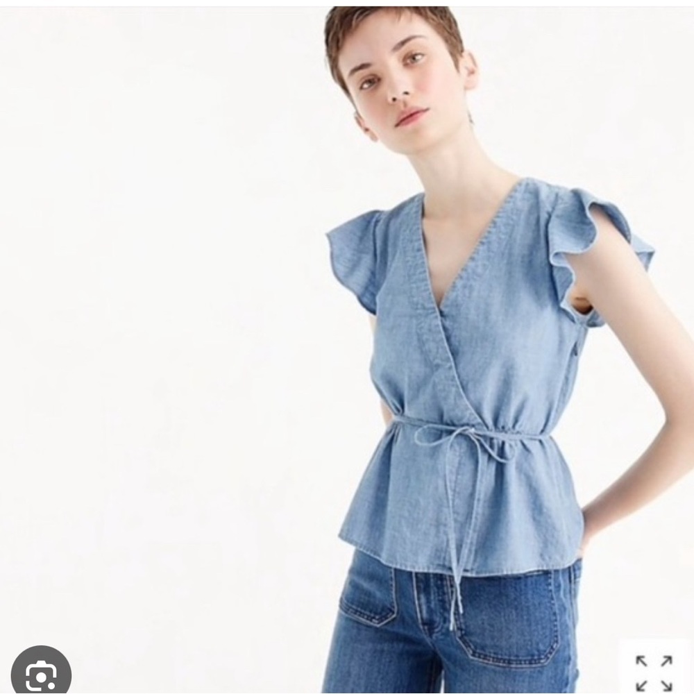 J. Crew Sz 0 Chambray, Faux Wrap Short Sleeves W thin Belt